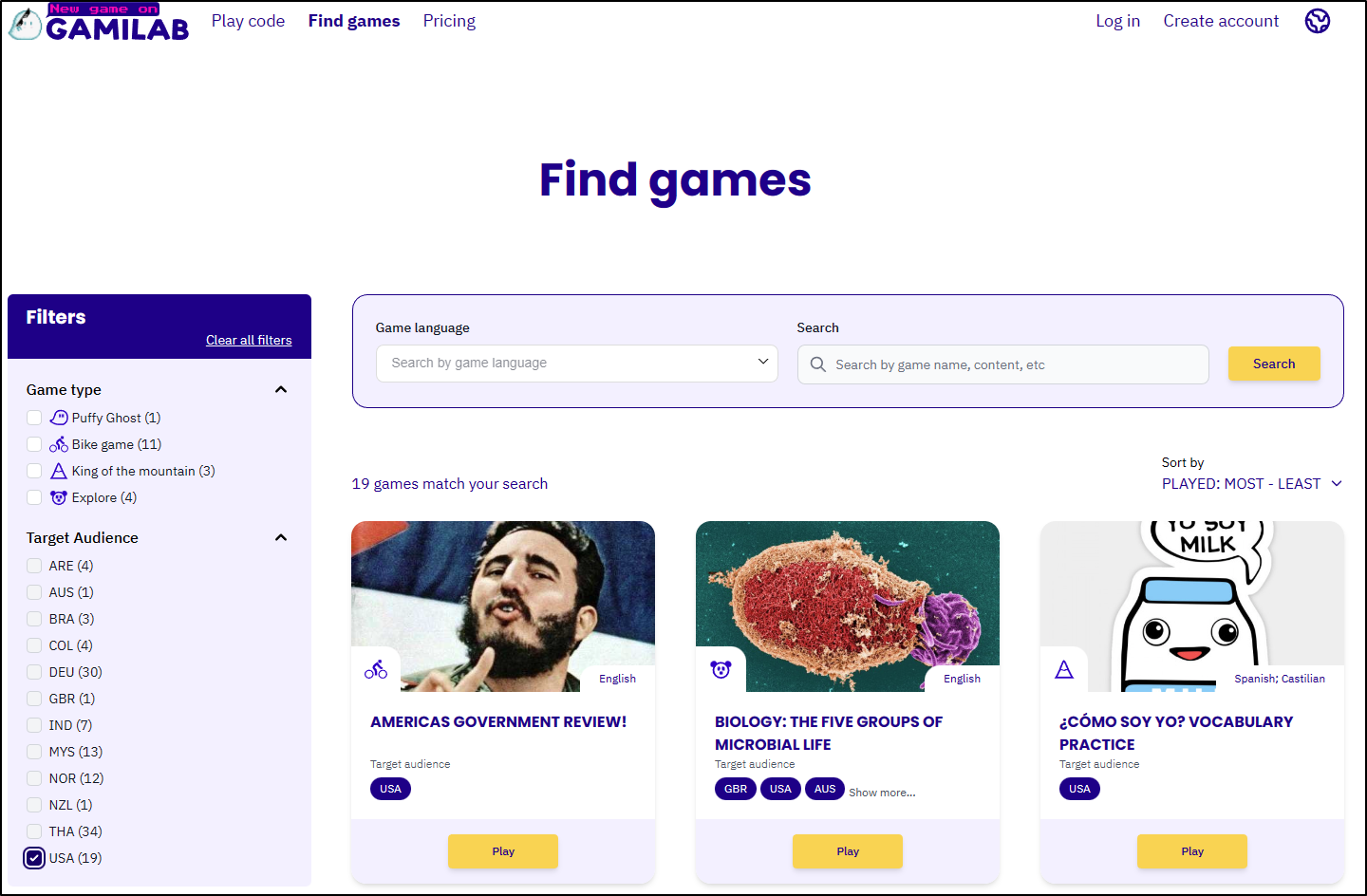 Screenshot of the Find Games page