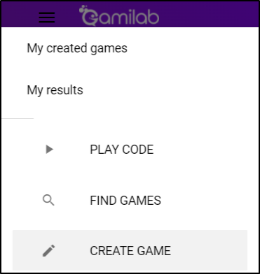 Image of side menu with create game button